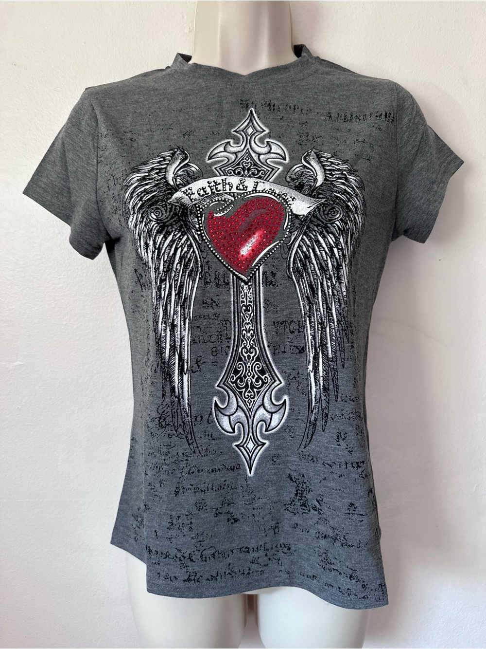 Women's Grey Graphic Tee with Red Heart and Winged Cross